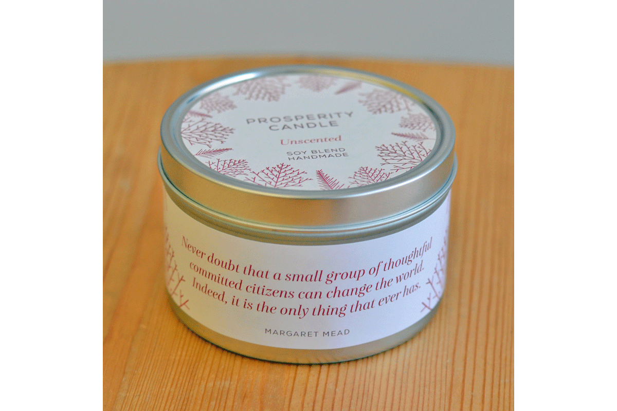 Unscented fragrance-free fair trade soy blend candle ethically handmade by women refugees at Prosperity Candle