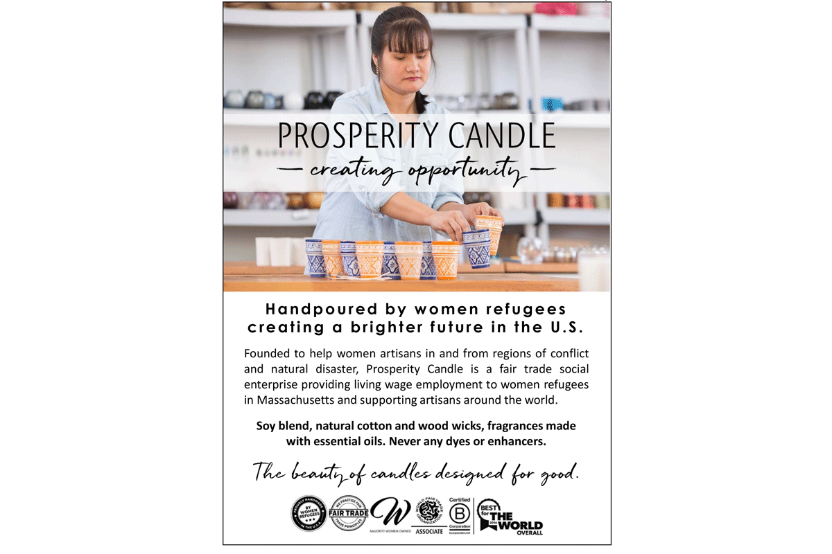 Prosperity Candle 5x7 sign for whoslesale, fair trade soy blend candles handmade in the U.S. by women artisans, B-Corp and supporting refugees