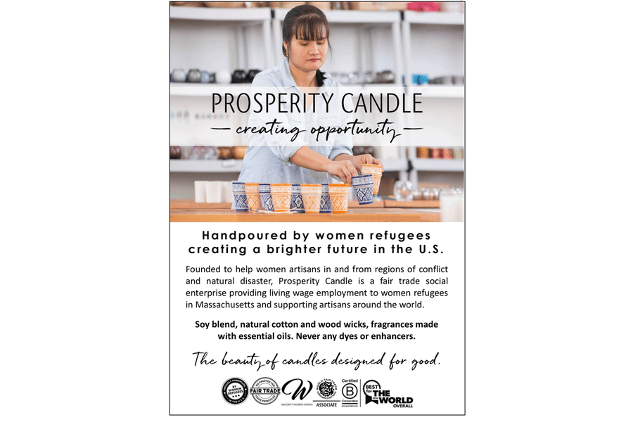 Prosperity Candle 5x7 sign for whoslesale, fair trade soy blend candles handmade in the U.S. by women artisans, B-Corp and supporting refugees