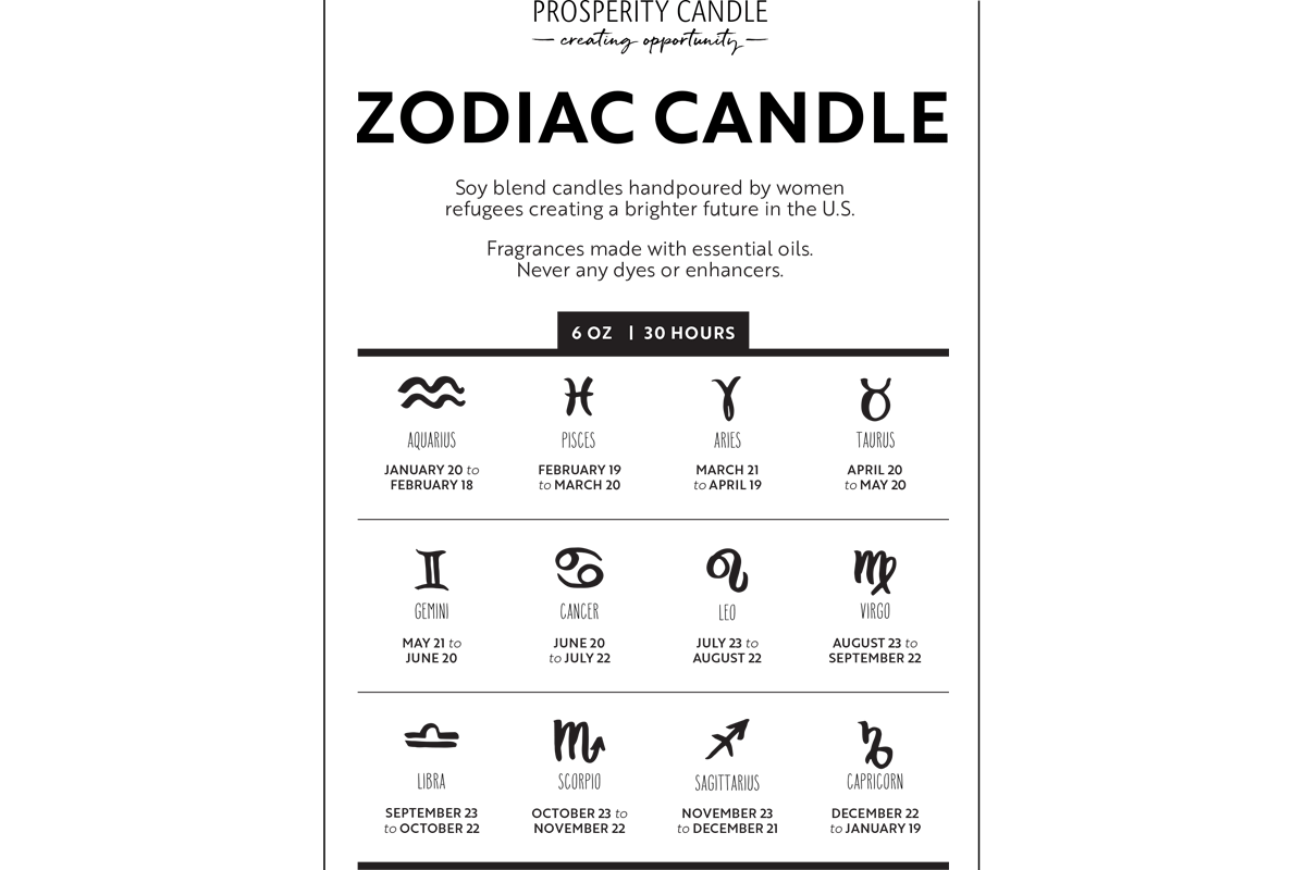 Sign chart for Zodiac Candles fair trade soy blend ethically handmade by women artisans at Prosperity Candle supporting refugees, B-Corp