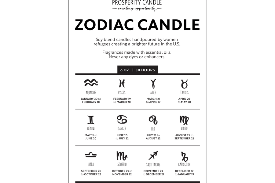 Sign chart for Zodiac Candles fair trade soy blend ethically handmade by women artisans at Prosperity Candle supporting refugees, B-Corp